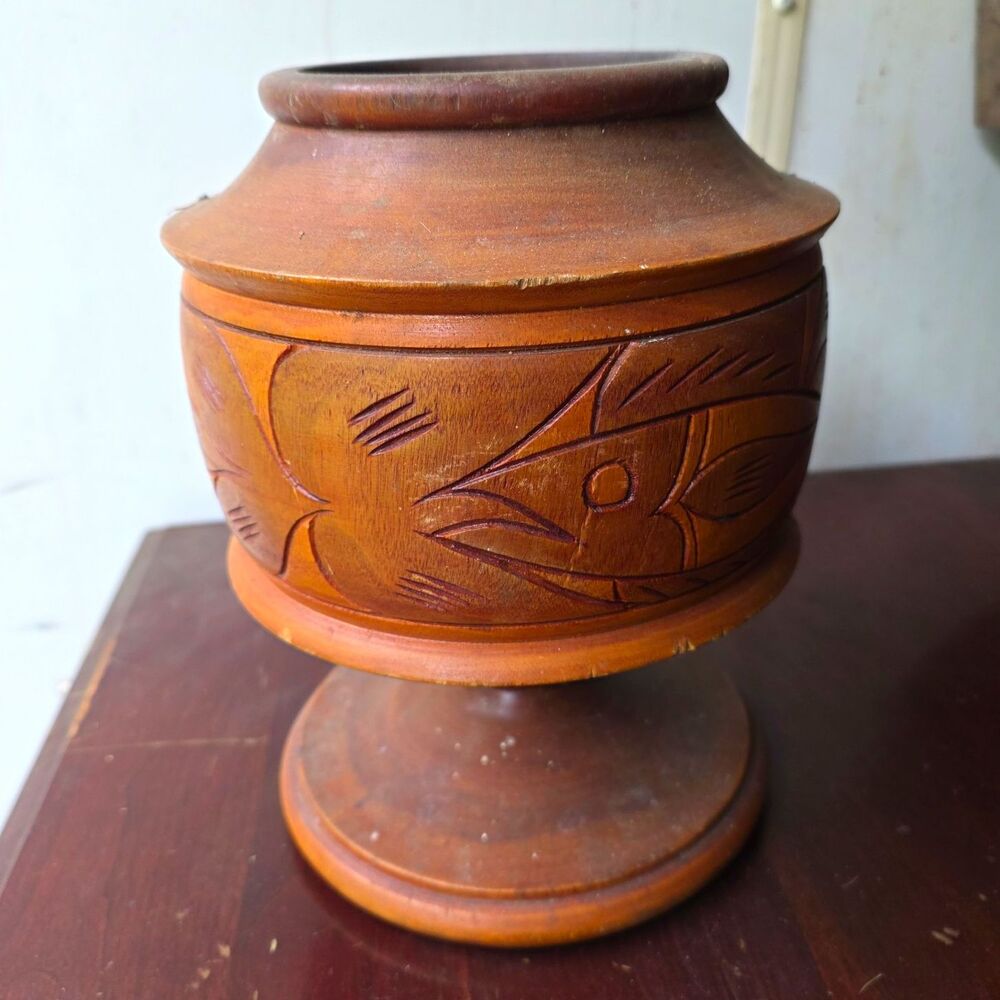 Hand-Carved Wooden Pedestal Vase Urn with Floral Leaf Design